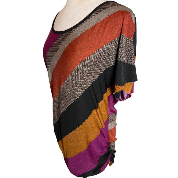 Lavish Women's Size XL Rainbow Colorful Striped Top With Side Ruching Keyhole Ba - Picture 2 of 8